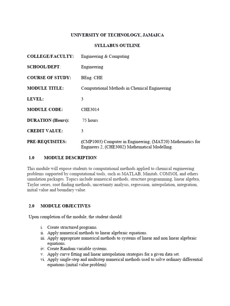 CHE3014_Computational Methods in Chemical Engineering Outline | PDF ...