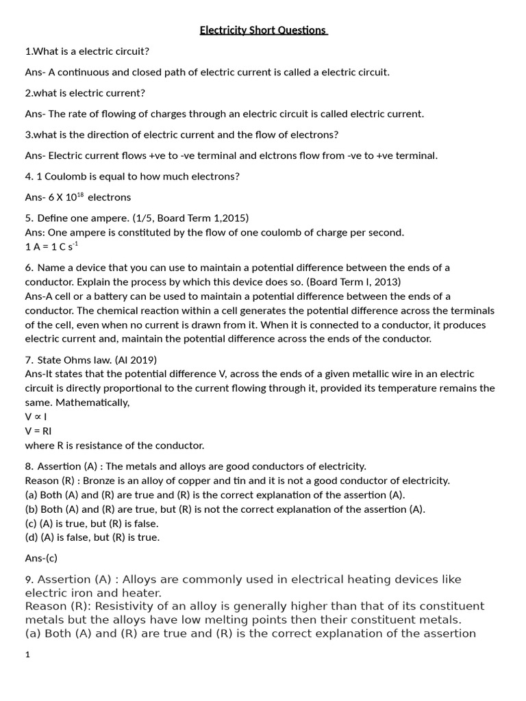 Electricity Short Questions | PDF | Electrical Resistance And ...