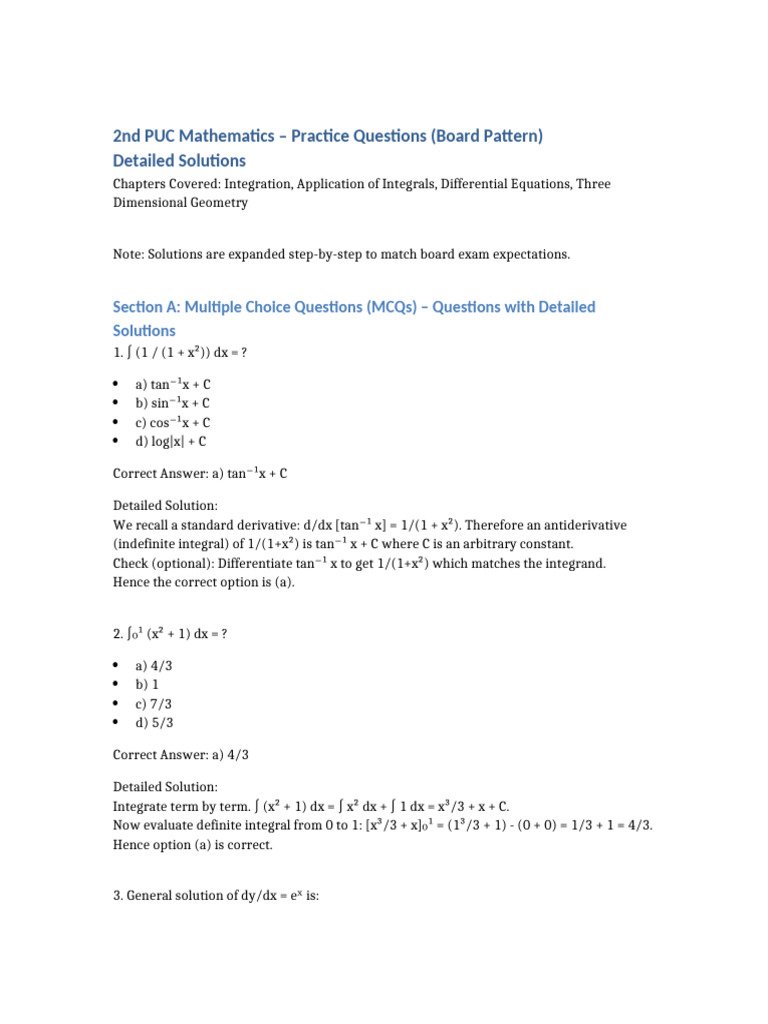 2nd PUC Math Questions Detailed Solutions | PDF | Integral | Equations