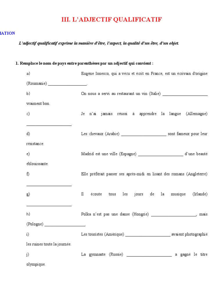 Exercice Adjectif Qualificatif épithète Et Attribut Cm2 Pdf