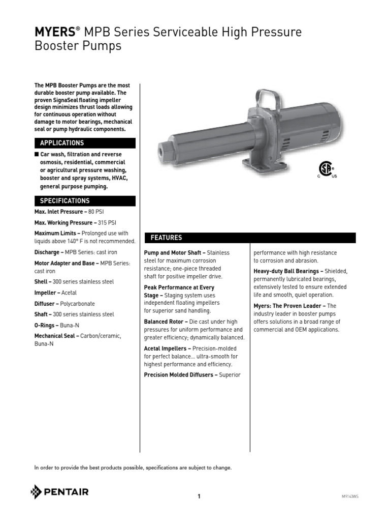 Myers MPB Series High Pressure Booster Pumps | PDF | Pump | Bearing ...