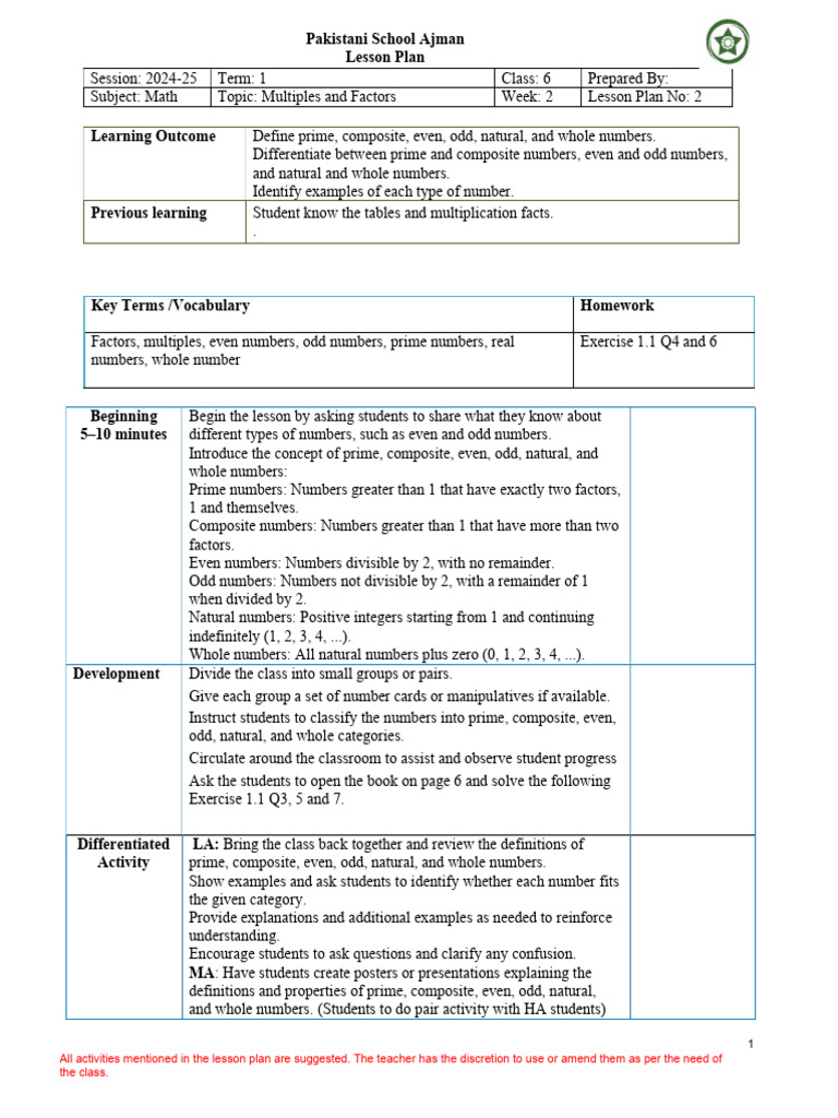 L2 Lesson Plan | PDF | Prime Number | Integer