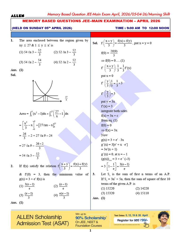 Mathematics 05.04.2026 Shift-1 | PDF | Algebra | Mathematical Concepts