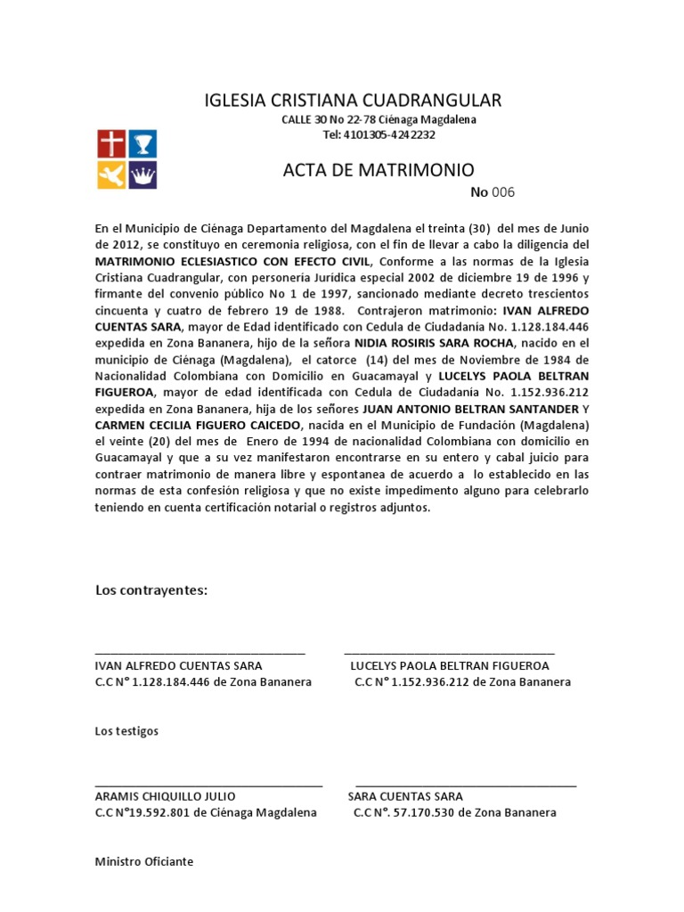 Acta de Matrimonio 006 | PDF | Matrimonio