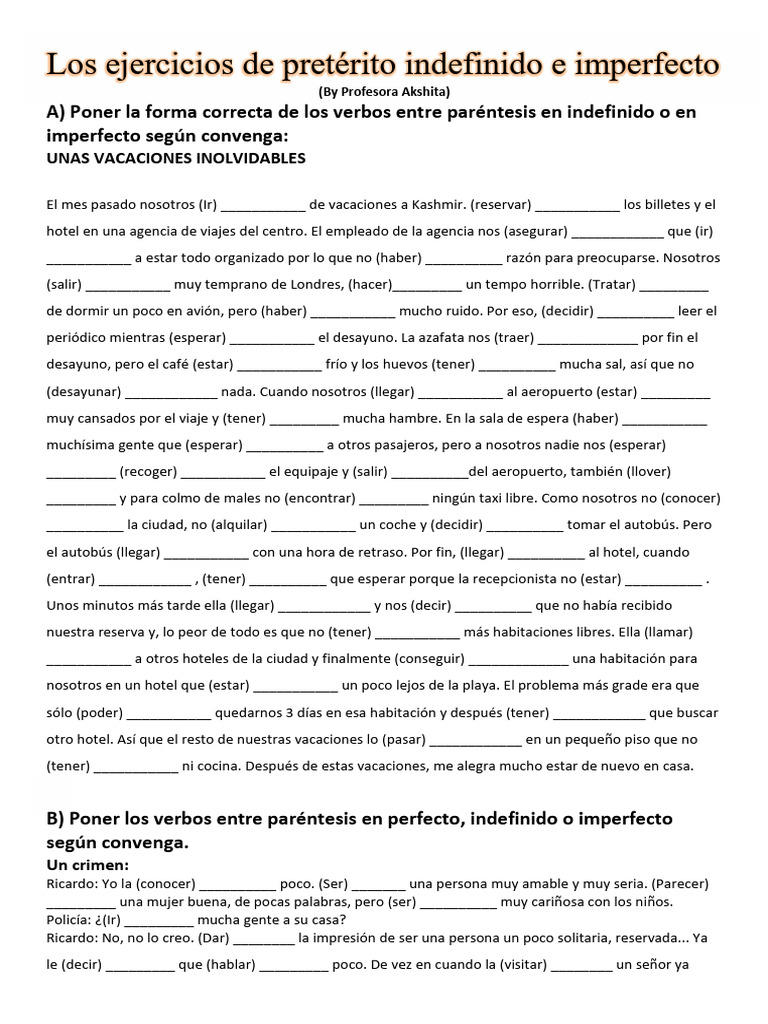 Ejercicios de Pretérito Indefinido y Imperfecto 1234 | PDF