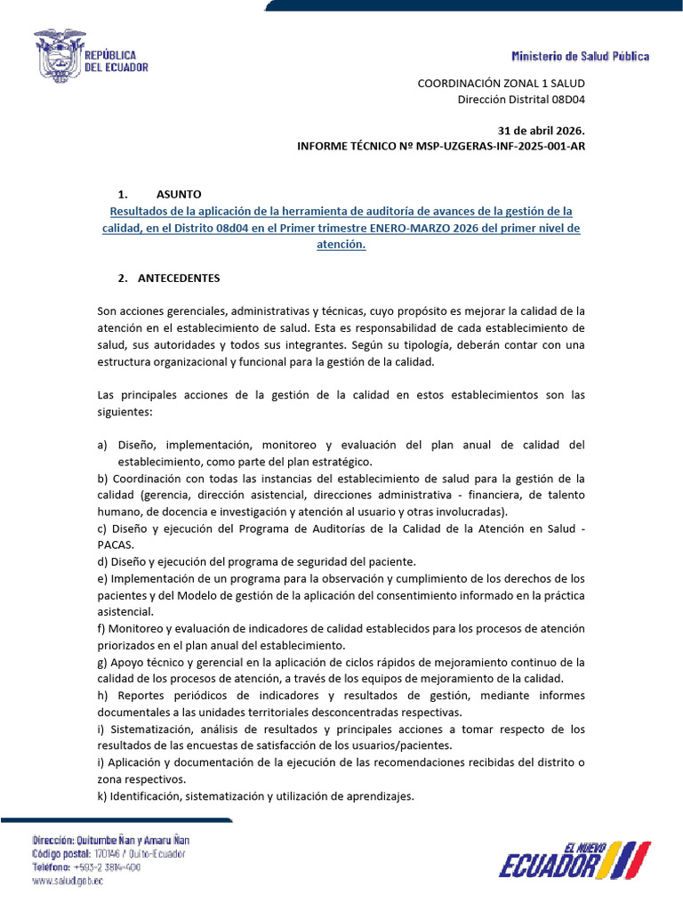 Informe de Avances Del PLAN DE CALIDAD 1er Trimestre 2026 DISTRITO ...