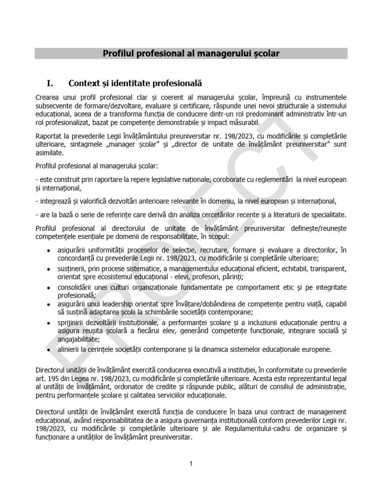 Proiect Profil Profesional Manager Scolar | PDF