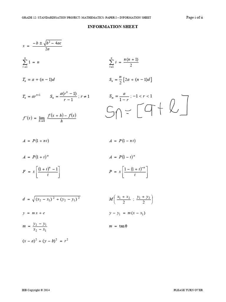 math ieb formula sheet | PDF