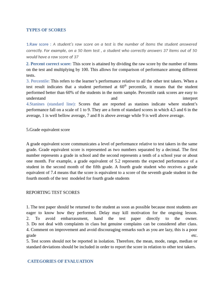 Types of Scores-1 | PDF | Evaluation | Course Evaluation