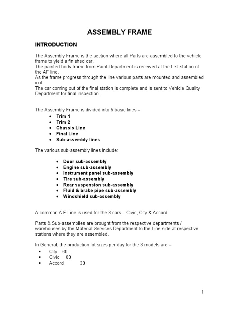 Assembly Frame Trim 1 Trim 2 Chassis Line Final Line SubAssembly