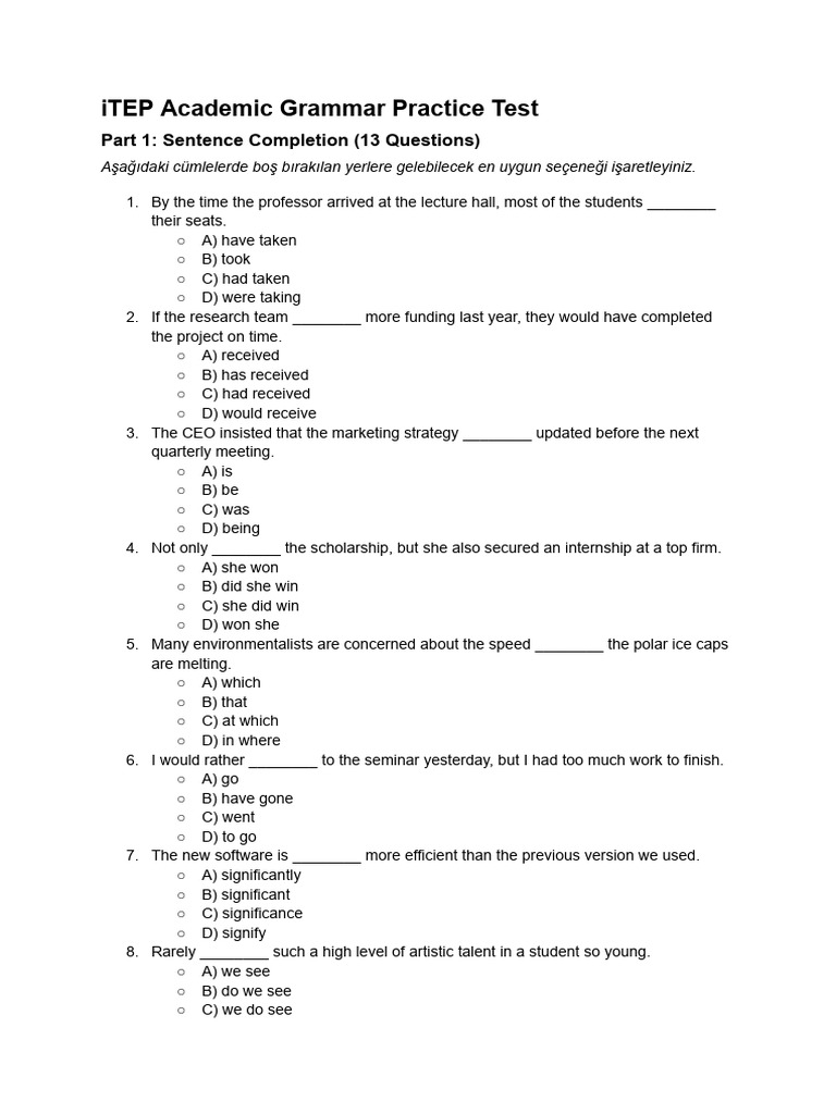 Itep Grammar Test 1 | PDF | Verb | Syntax