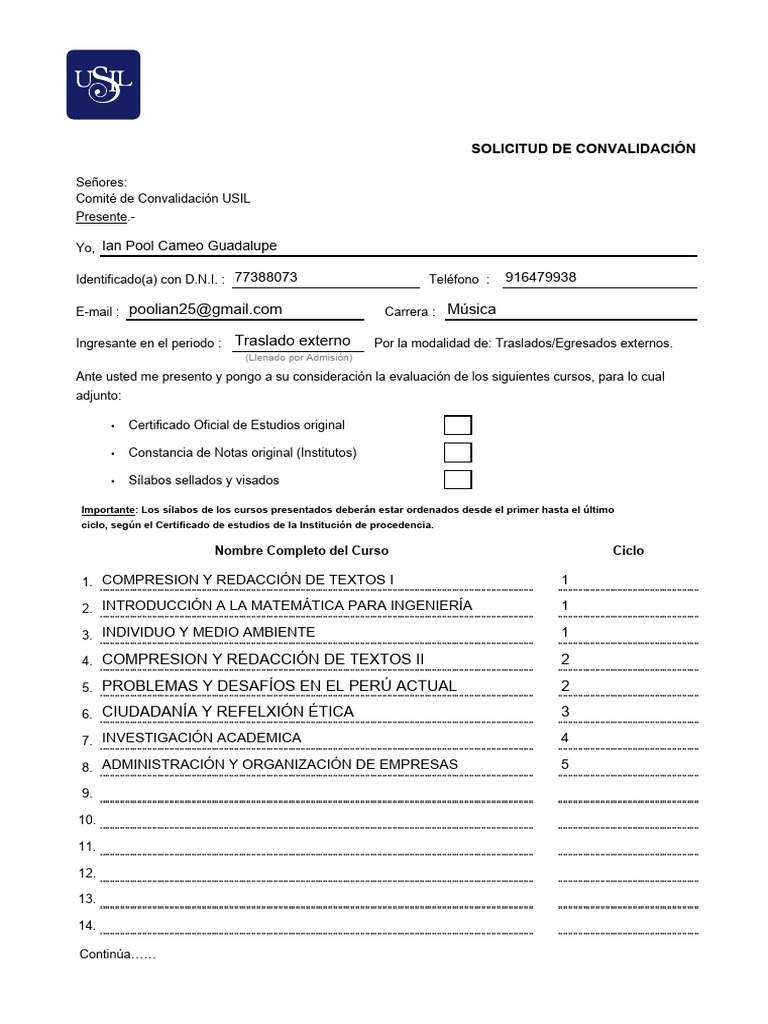 Formato Solicitud de Convalidacion Frimado 2 | PDF