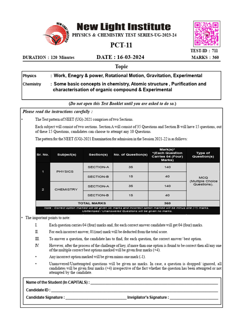 PCT PAPER - 11 (16-MAR.-2024) | PDF | Multiple Choice | Orbit