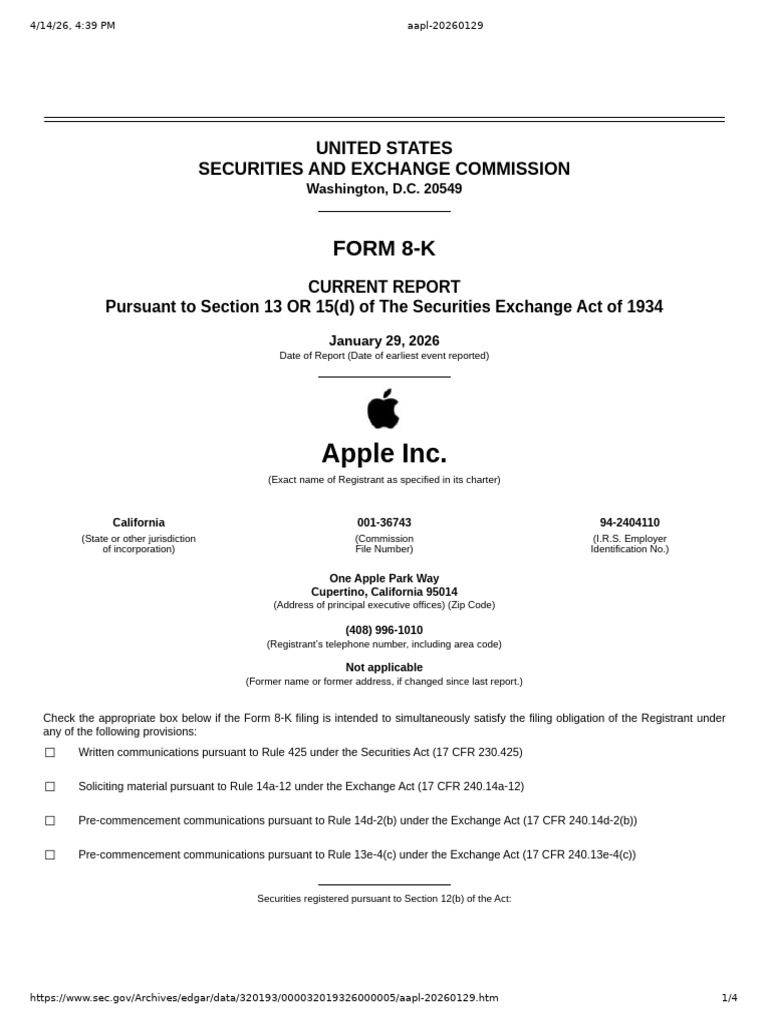 Aapl 20260129 | PDF | Securities Act Of 1933 | Securities (Finance)