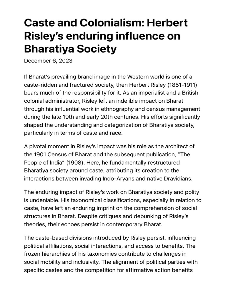 - Herbert Risley’s Enduring Influence on Bharatiya Society | PDF | Caste
