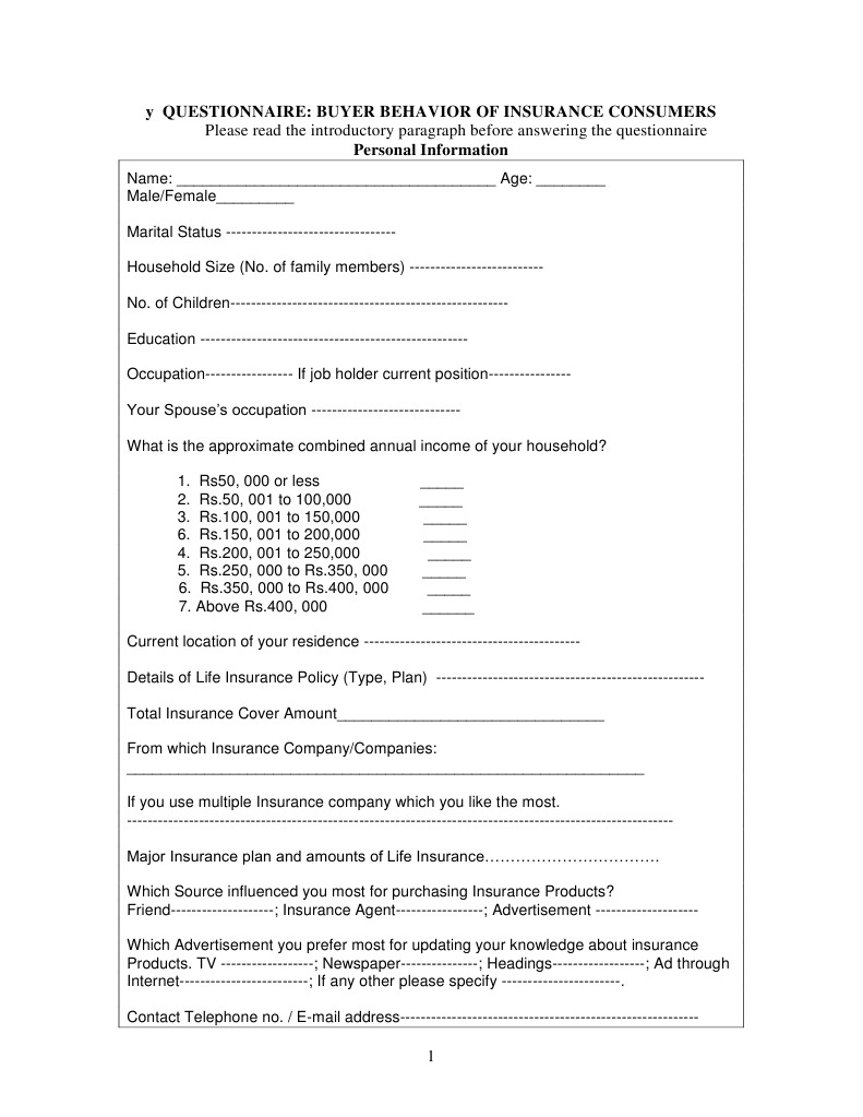 Questionnaire Insurance Survey English PDF Life Insurance Insurance