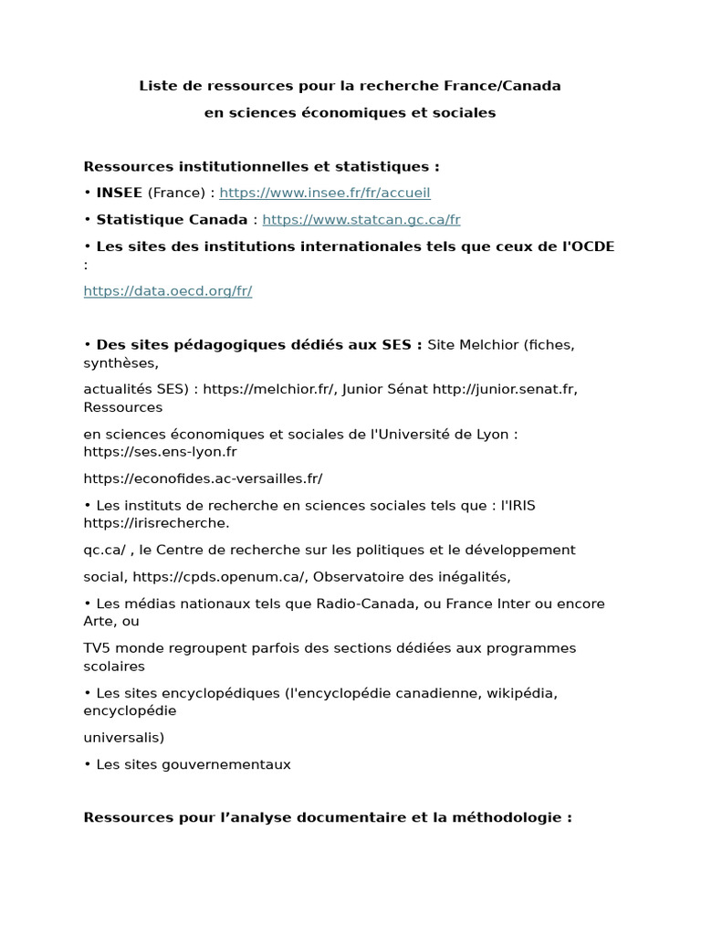 Liste de Ressources Pour La Recherche France - SES | PDF