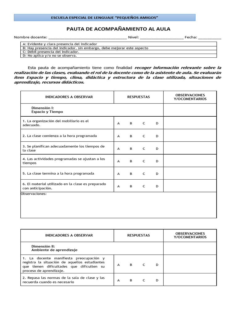 Pauta de Acompañamiento Al Aula | PDF | Salón de clases | Aprendizaje