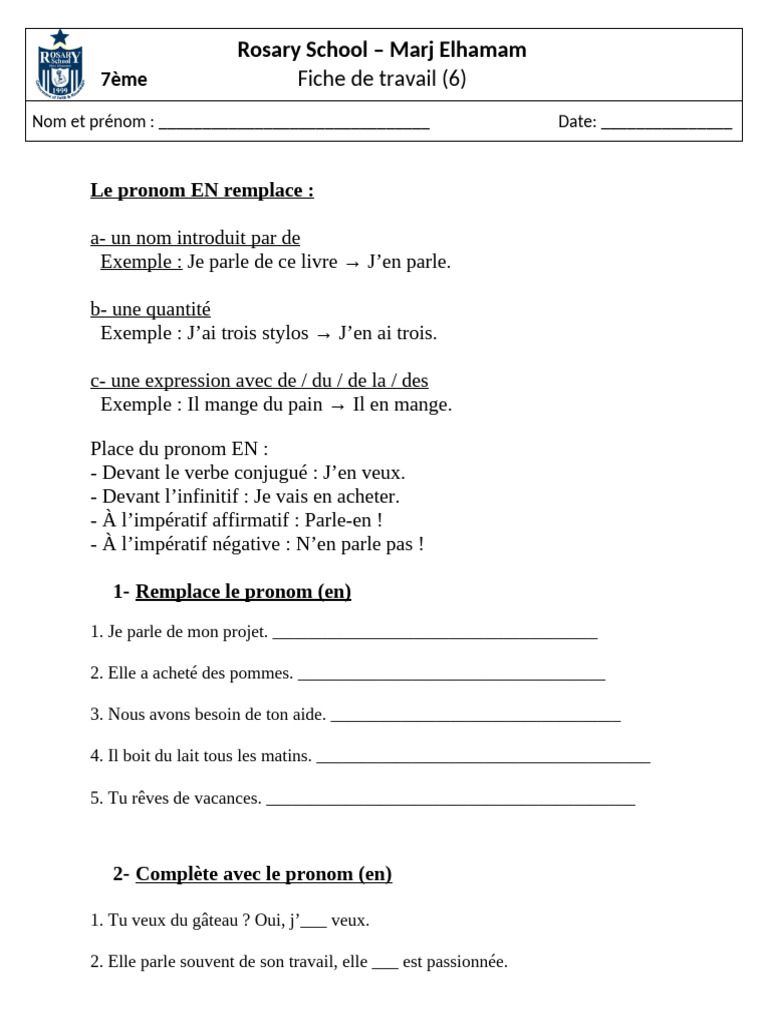 Rosary School - Marj Elhamam: Fiche de Travail | PDF