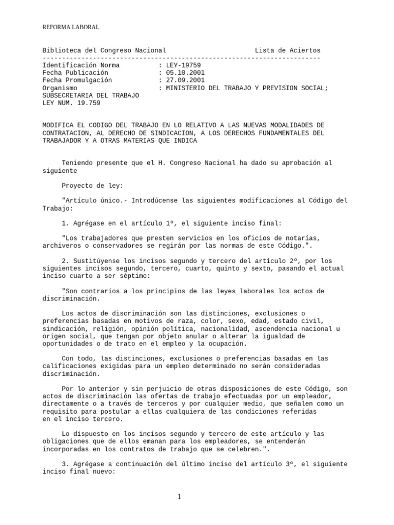 REFORMAS LABORALES 19759 | PDF | Derecho laboral | Tiempo de trabajo