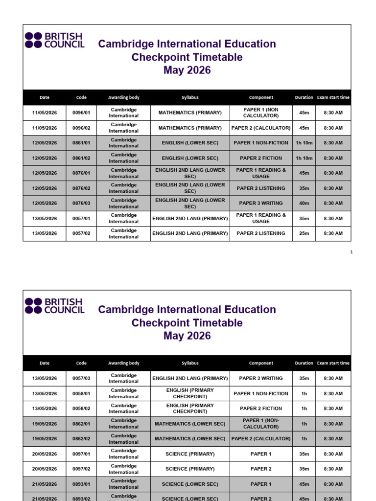 British Council Egypt Cambridge Checkpoint Timetable May 2026 | PDF ...
