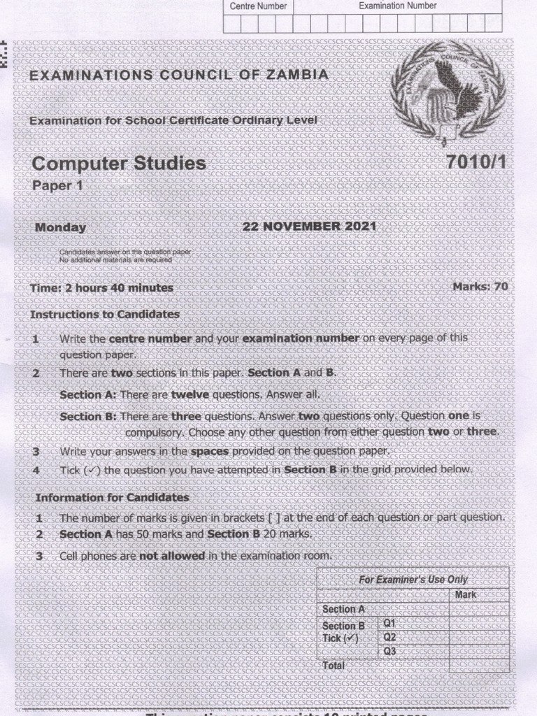 2021 Grade 12 Computer Studies 7010 | PDF