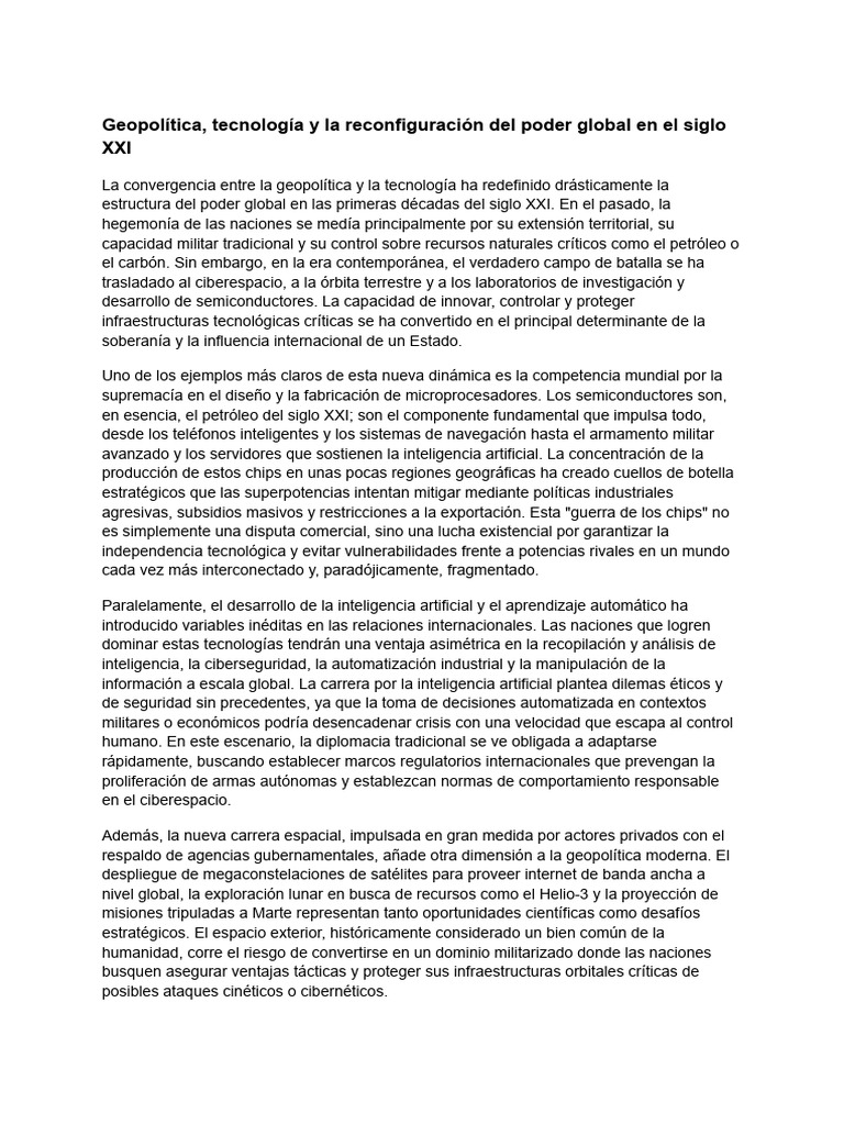 Geopolítica, Tecnología y La Reconfiguración Del Poder Global en El ...