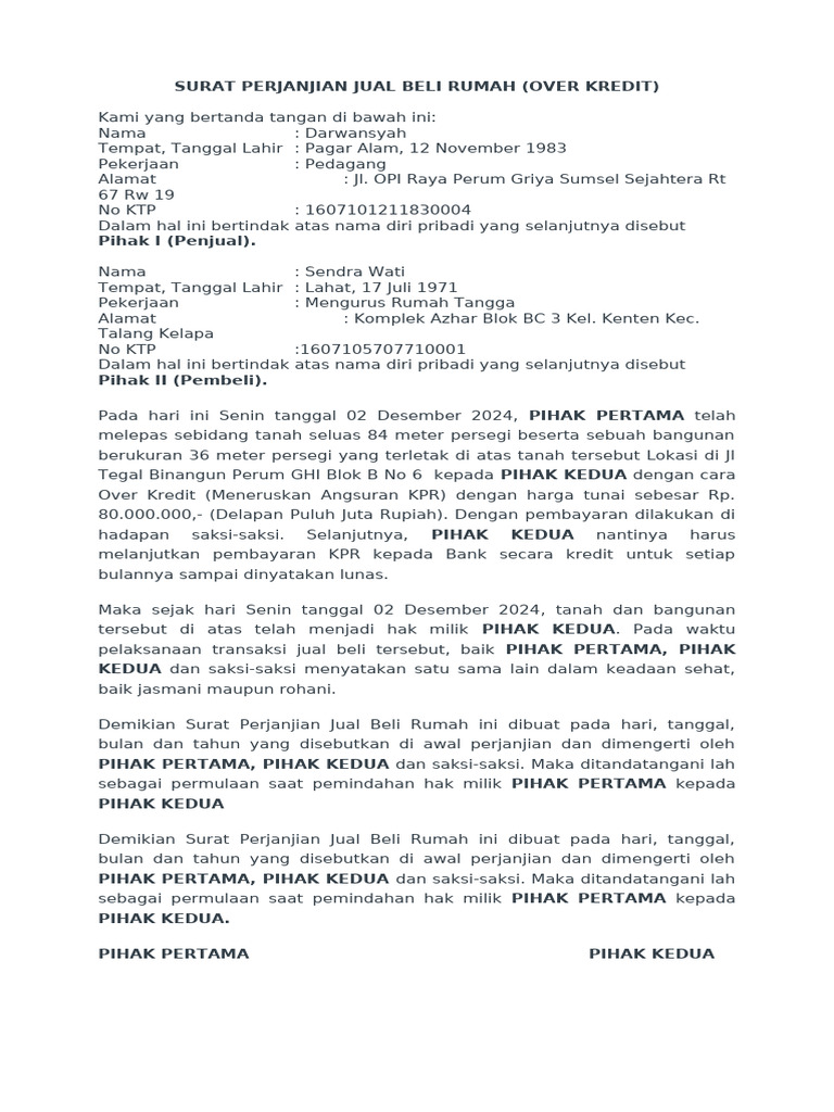 Surat Perjanjian Jual Beli Rumah | PDF