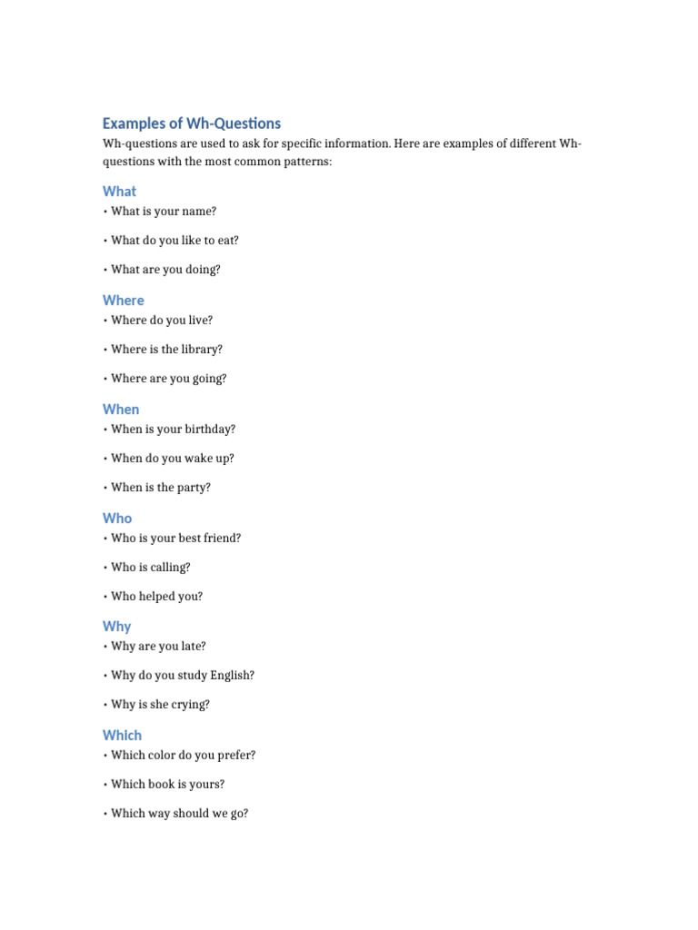 Wh Questions Examples | PDF