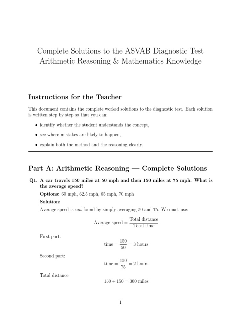 ASVAB Prep Test Solution | PDF | Mathematics | Elementary Mathematics