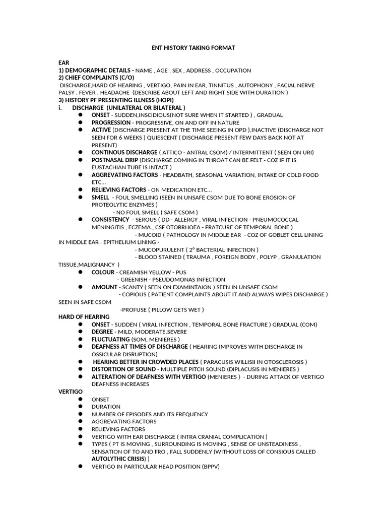 Ent History Taking Format | PDF | Vertigo | Ear