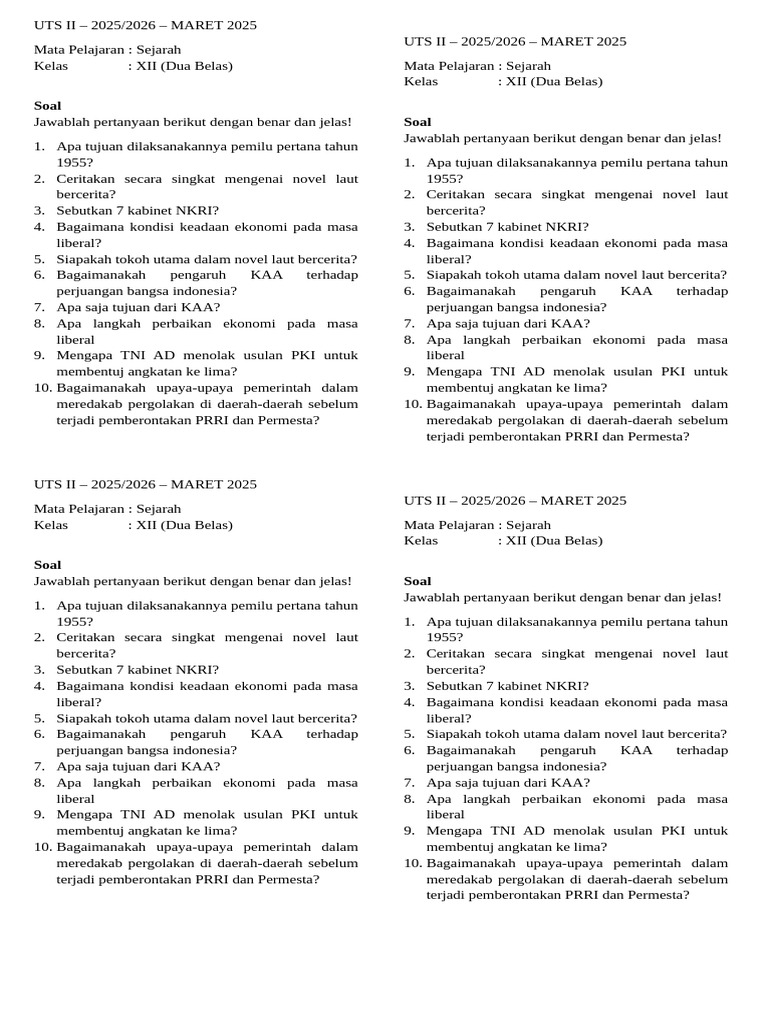 Uts II Sejarah Sma 12 | PDF