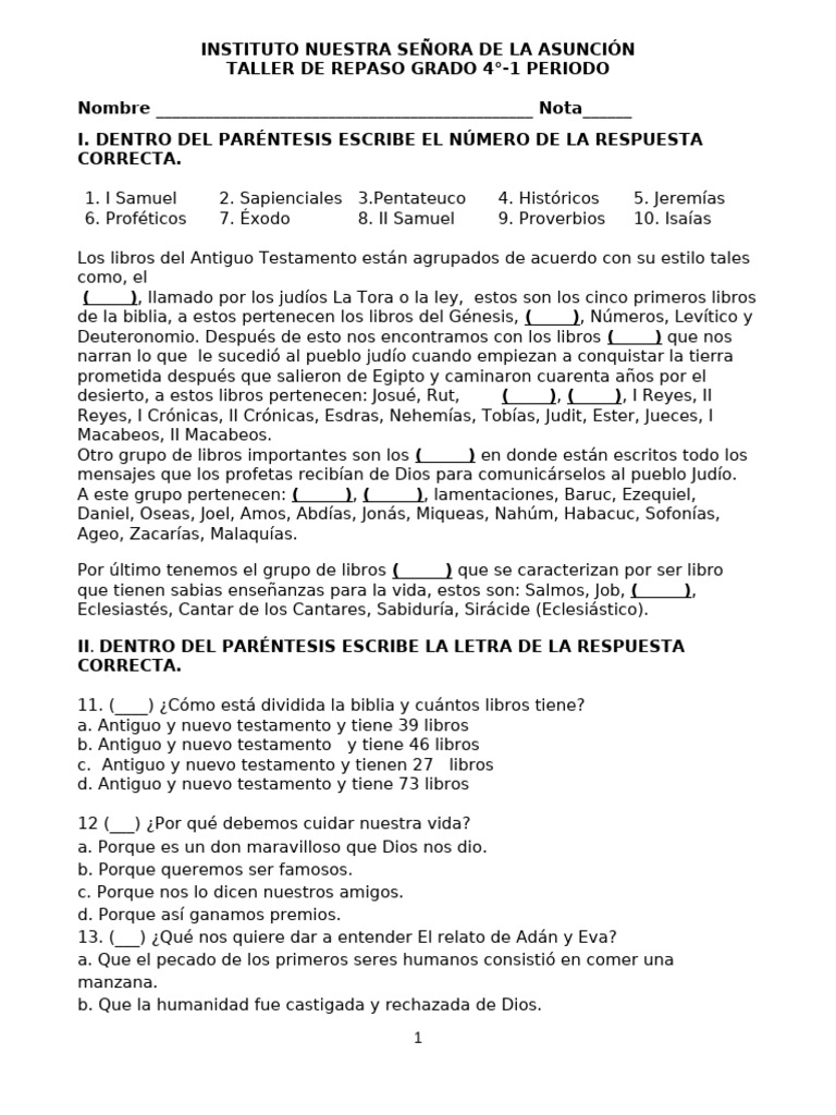 Taller de Repaso Grado 4 | PDF | Biblia | Pecado