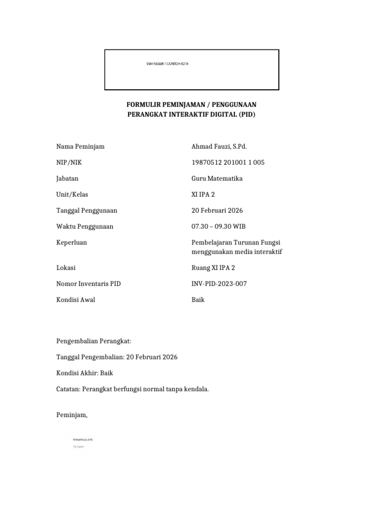 Form Peminjaman Penggunaan PID Siap Cetak | PDF