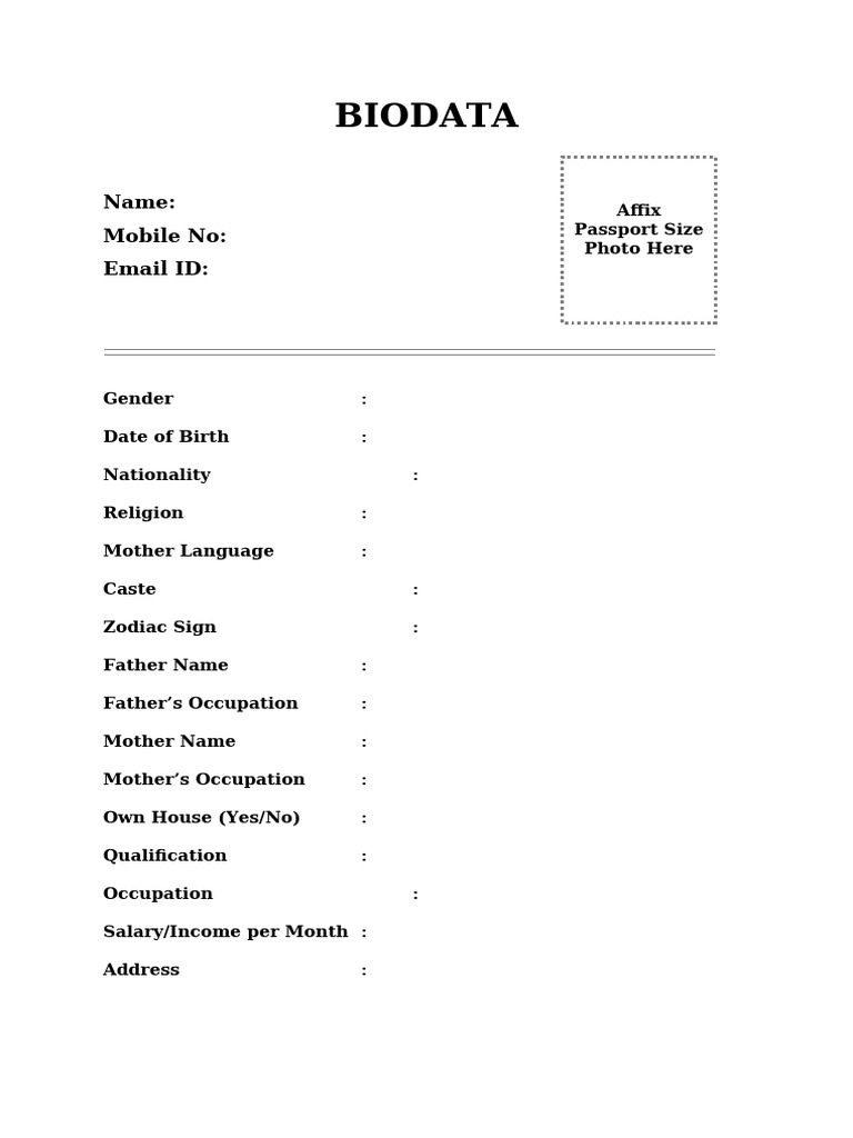 Matrimonial Biodata Format 12 | PDF
