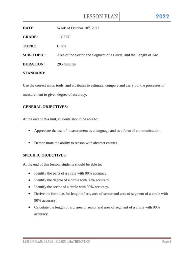 Grade 11csec - Lesson Plans (Week 5) | PDF | Area | Lesson Plan