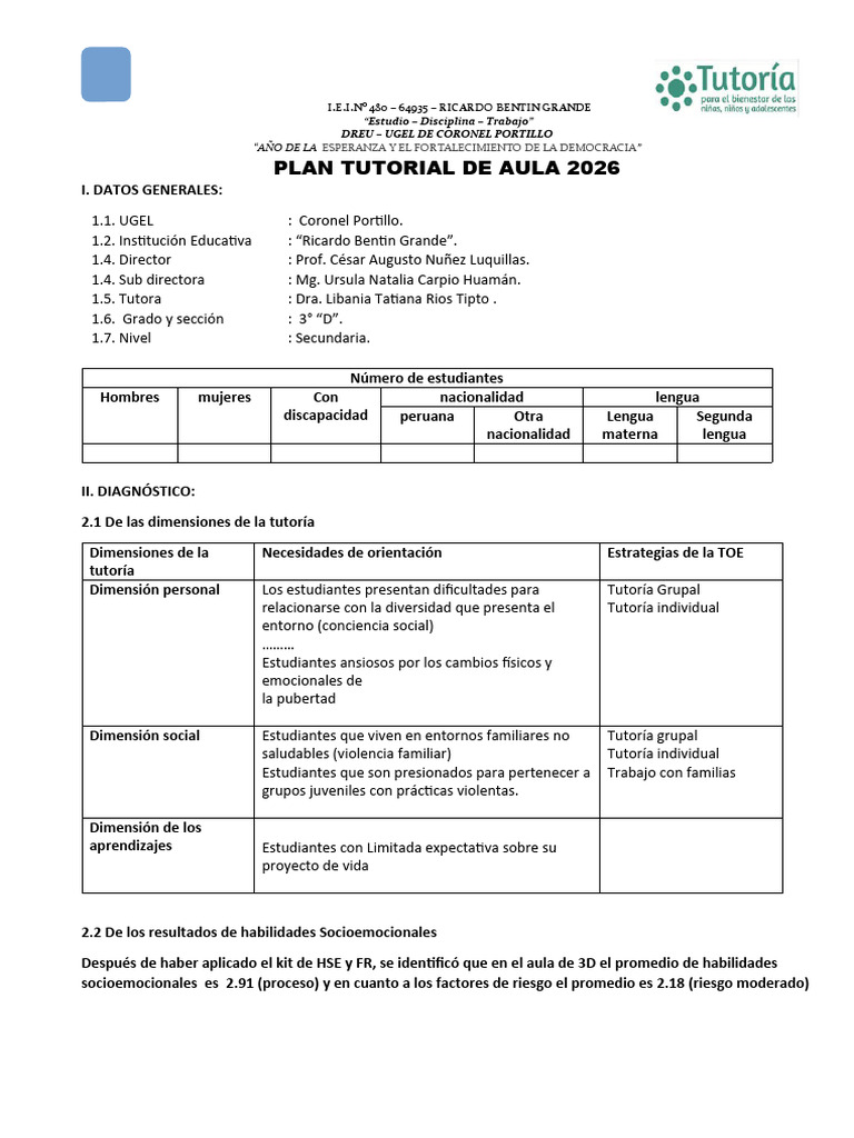Modelo Plan Tutoria de Aula 2026 3D | PDF | Salón de clases | Violencia