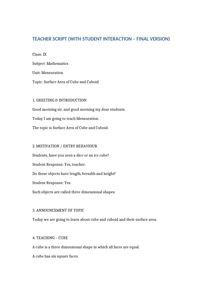 Surface Area Cube and Cuboid Teacher Script | PDF