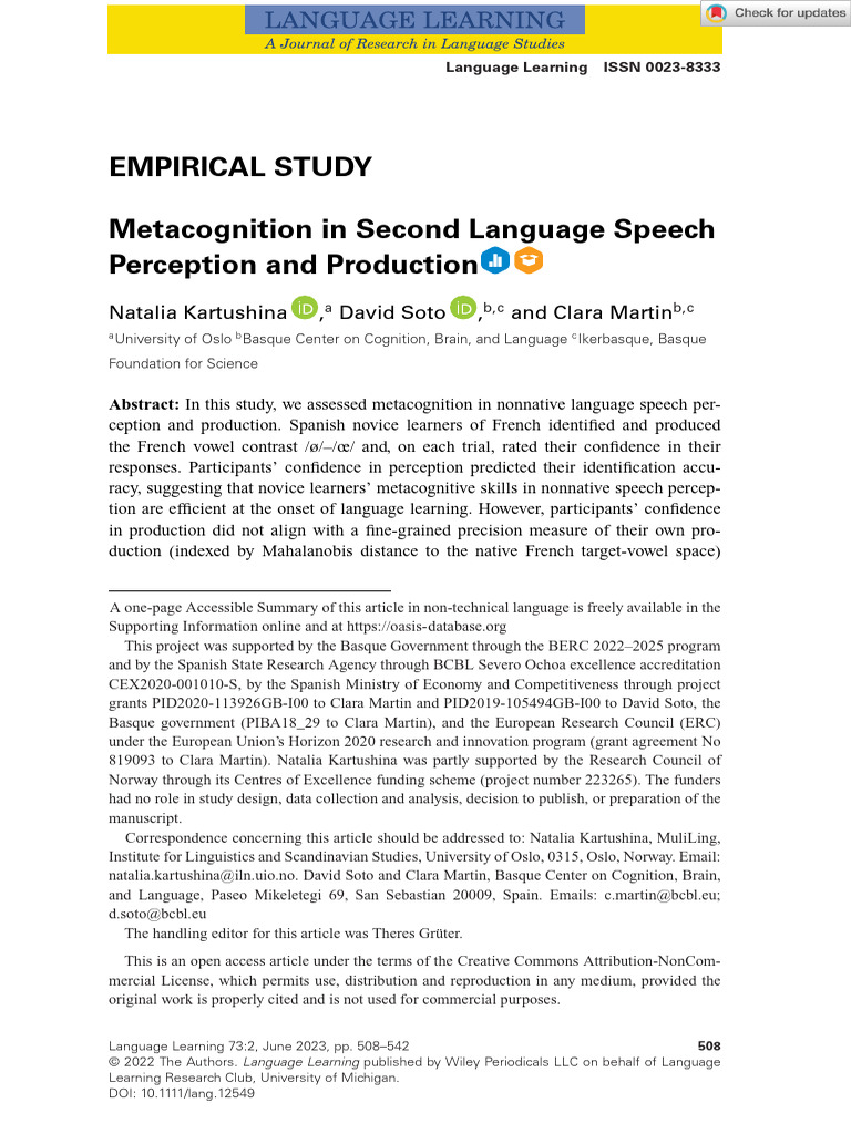 Language Learning - 2022 - Kartushina - Metacognition in Second ...