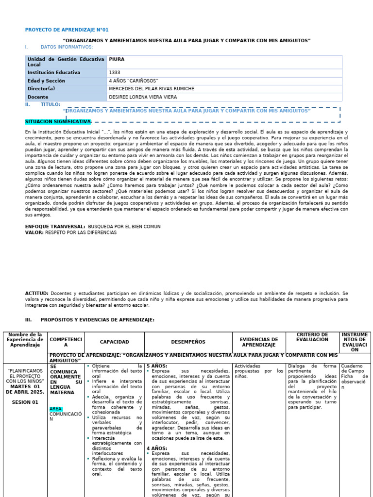 (U) PROYECTO DE APRENDIZAJE N° 1 ABRIL 2025- | PDF | Aprendizaje ...