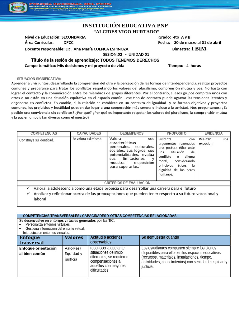 Sesion de Aprendizaje Cuarto Grado Act 2 DPCC | PDF | Desarrollo ...