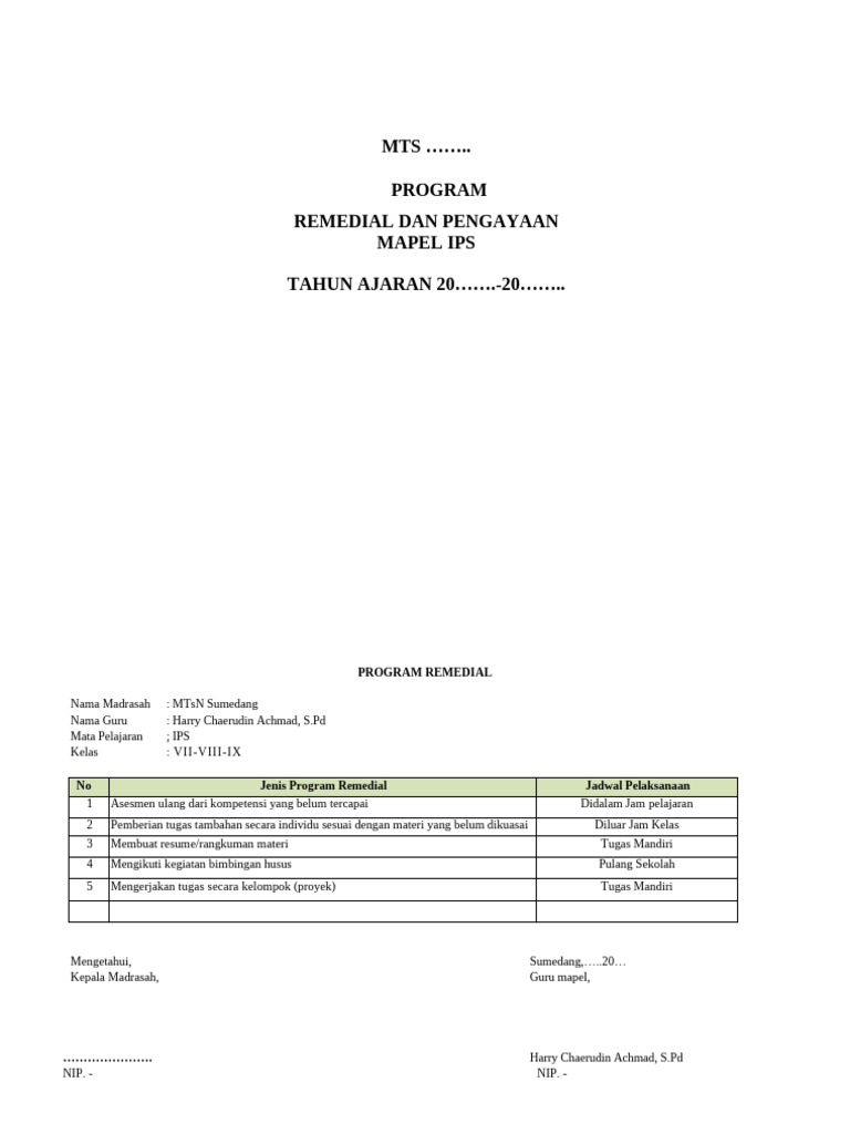 Contoh Program Remedial & Pengayaan | PDF