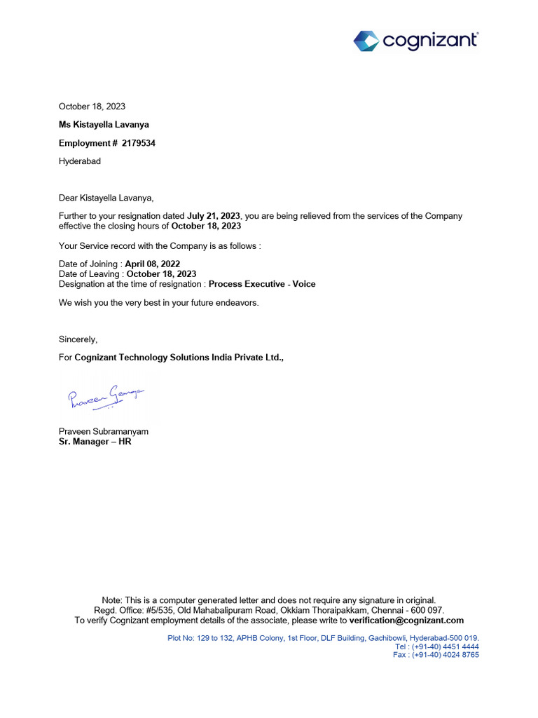 Relieving Letter | PDF