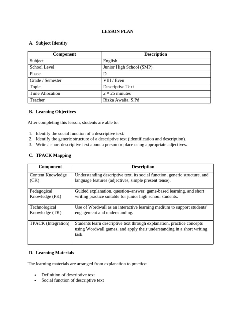 Lesson Plan Elt | PDF | Teachers | Learning