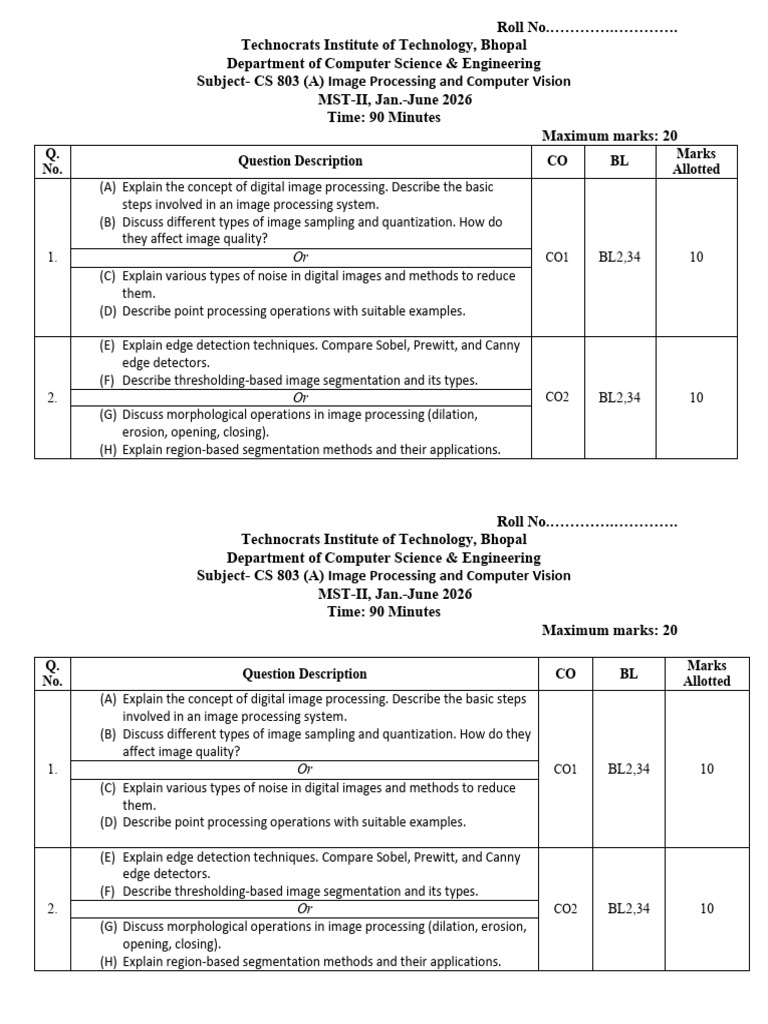 CS 803 IPCV Mid Sem Exam-I 2026 | PDF | Image Segmentation | Graphics