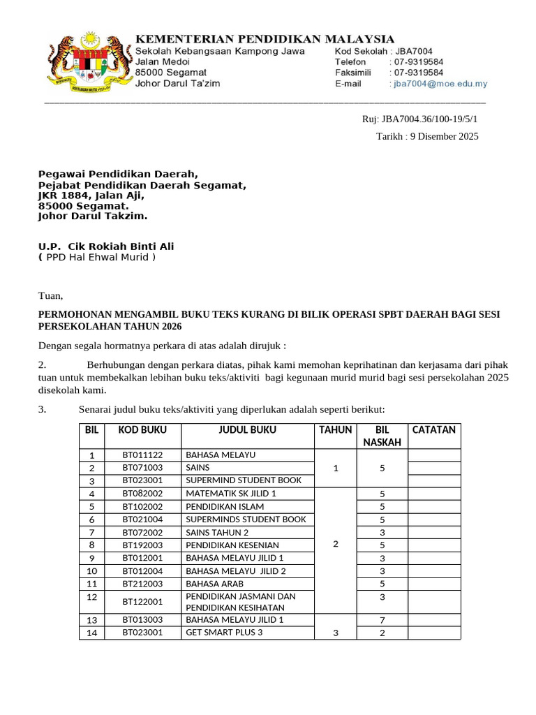 Surat Ambil Btlk Di Spbt Daerah 2025 | PDF