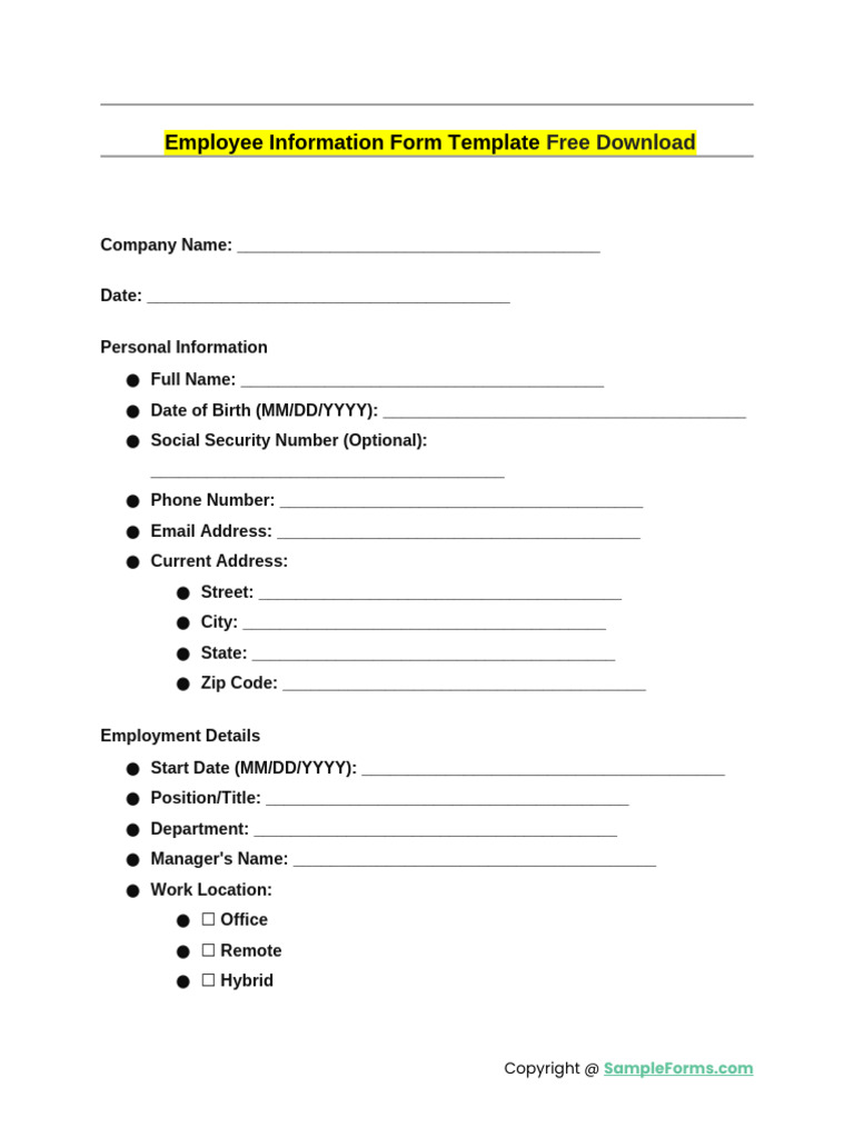 Employee Information Form Template Free Download | PDF