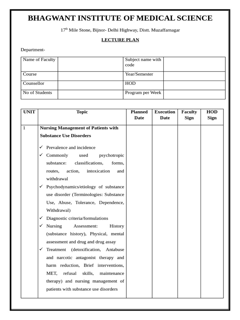 Lecture Plan of Subject Mental Health Nursing 1st | PDF | Mental ...