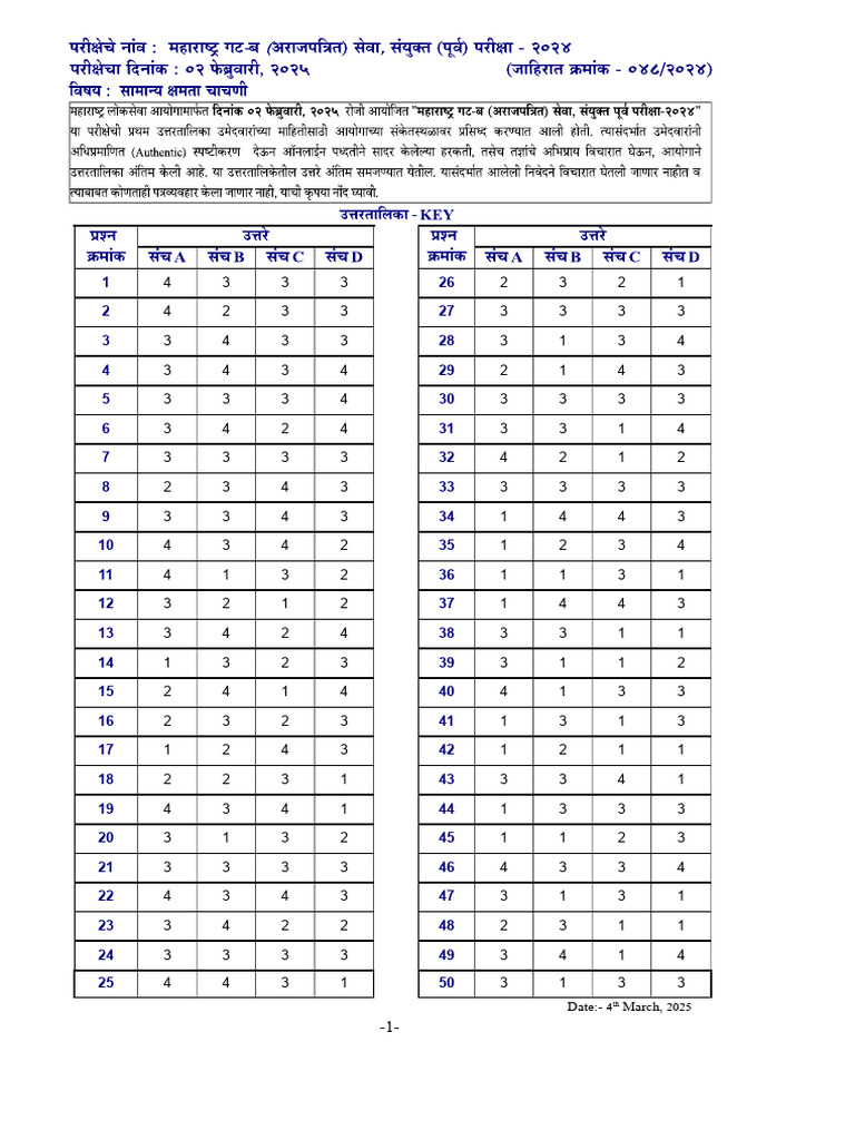MPSC Group B Final Answer Key | PDF
