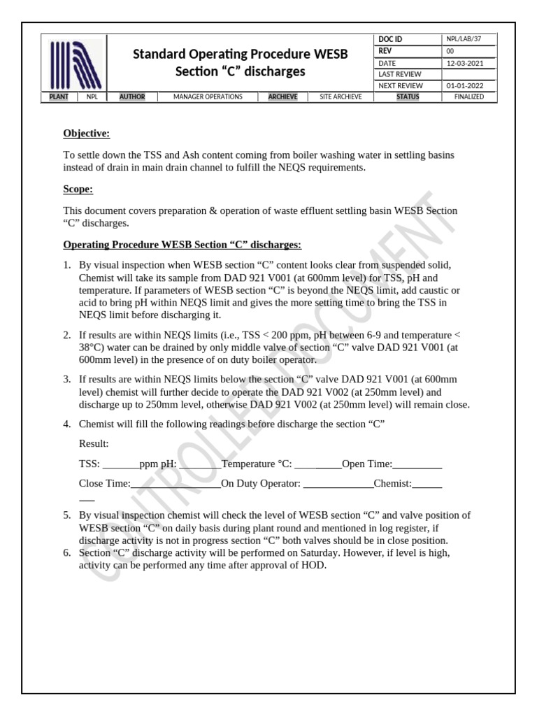 WESB SOP For C pit Discharge | PDF | Environmental Engineering | Water ...